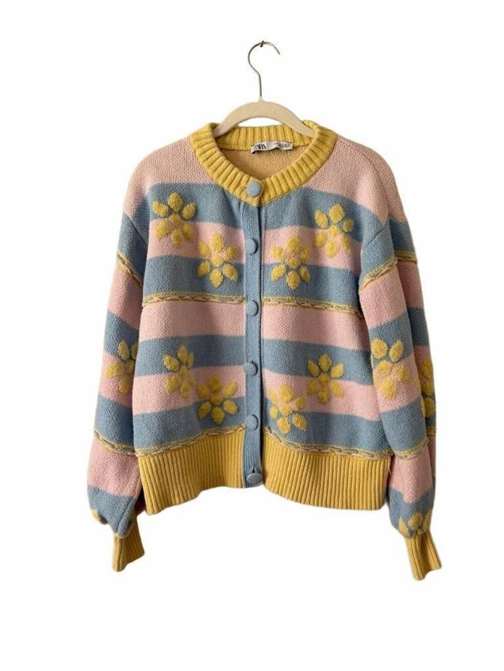 Cottage core Zara Floral Striped Cardigan Size M Pastel Sweater